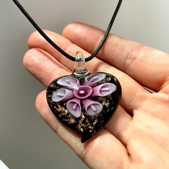 Jewelry - Sparkly Heart-Shaped Pink Flower Art Glass Pendant